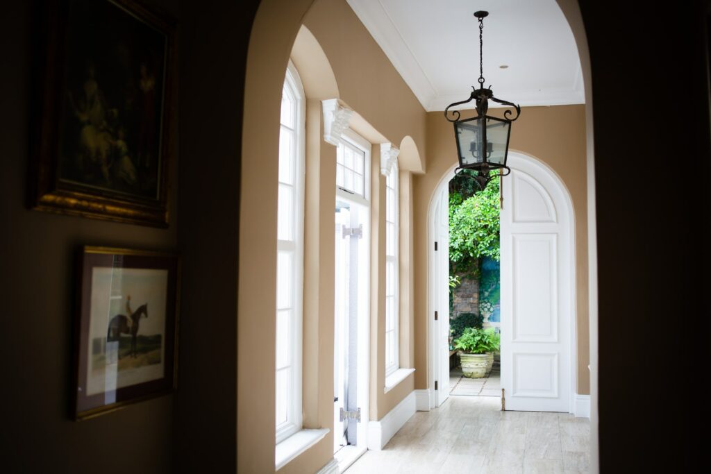Bright hallway of rehab clinic with view of the garden